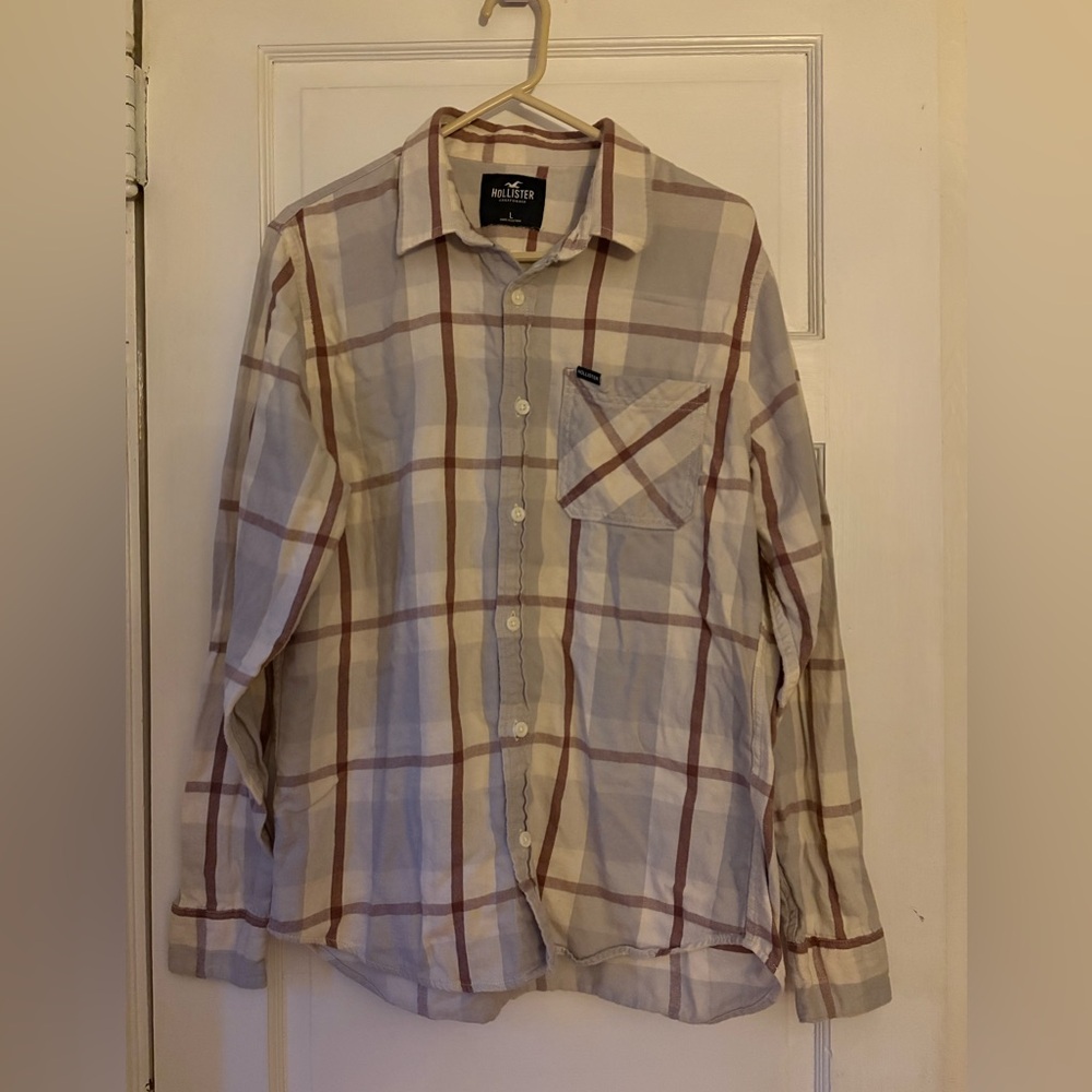 Hollister Men's Plaid Shirt Jacket in Cream & Brown Windowpane